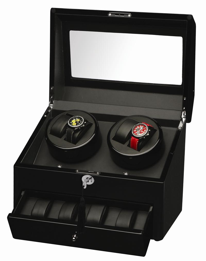 Diplomat Quad Black Wood Finish Watch Winder with Japanese Mabuchi Motor Watch Winder Diplomat Ebony Wood Quad Watch Winder with Black Leather Interior