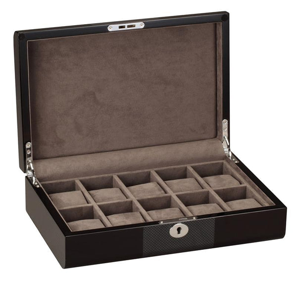 Diplomat Black Wood Finish Ten Watch Storage Case with Carbon Fiber Finish Accents and Soft Microfiber Charcoal Suede Interior