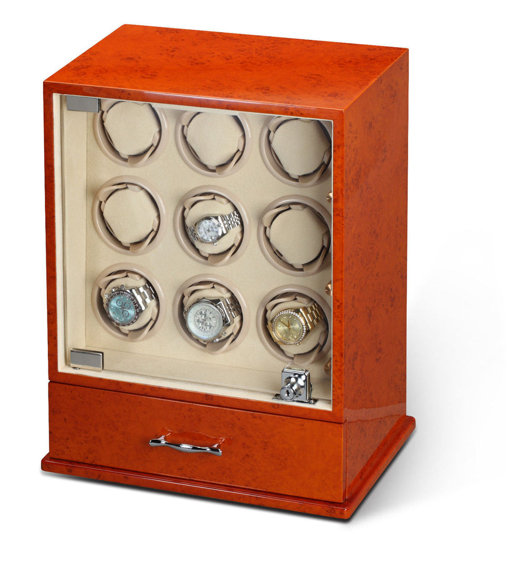 Diplomat Estate Burlwood Nine Watch Winder with Cream Leather Interior
