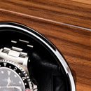 Rapport Evo Single Watch Winder in Walnut - close-up of wood finish and watch holder
