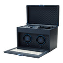 WOLF Earth Double Watch Winder in Midnight Blue - open view with watch storage and accessory tray