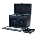 WOLF Earth Double Watch Winder in Midnight Blue - open view with removable accessory tray