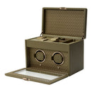 WOLF Earth Double Watch Winder in Olive - open view with watch storage and accessory tray
