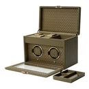 WOLF Earth Double Watch Winder in Olive - open view with removable accessory tray