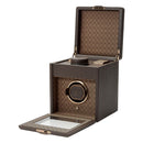WOLF Earth Single Watch Winder in Coffee - open with watch storage and travel case
