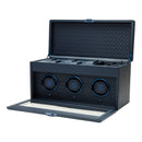 WOLF Earth Triple Watch Winder in Midnight Blue - open view with watch storage and accessory tray