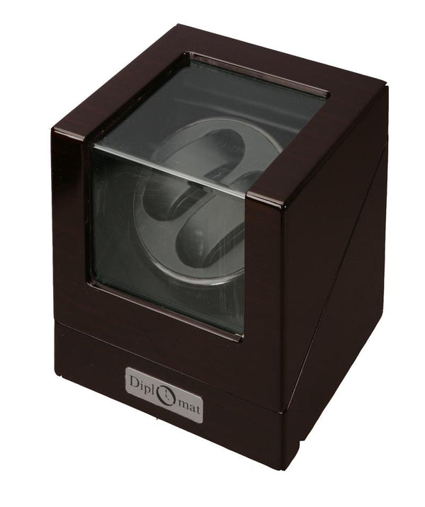 Diplomat Ebony Wood Dual Watch Winder with Black Leather Interior