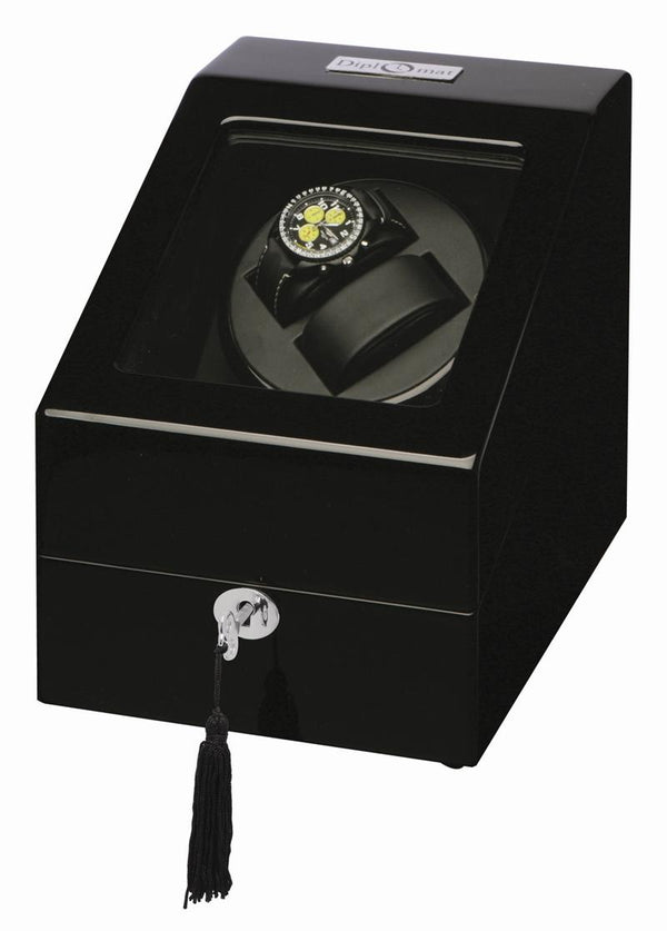 Diplomat Gothica Black Wood Dual Watch Winder with Black Leather Interior