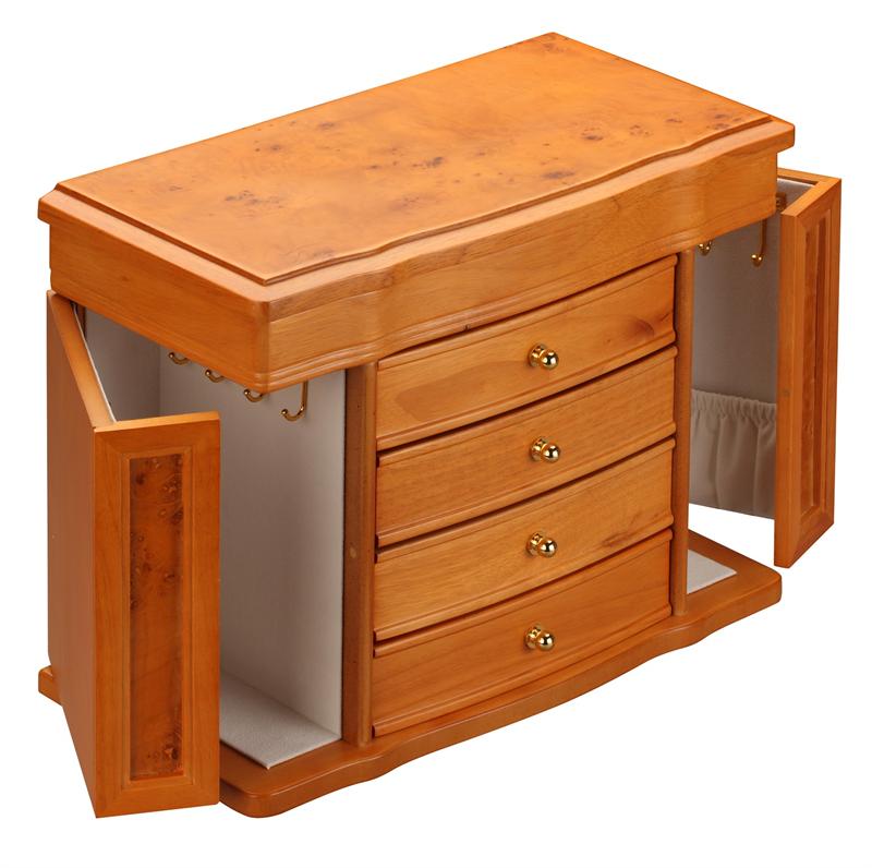 Diplomat Oak Wood Finish Jewelry Chest With 4 Drawers and 2 Side Doors