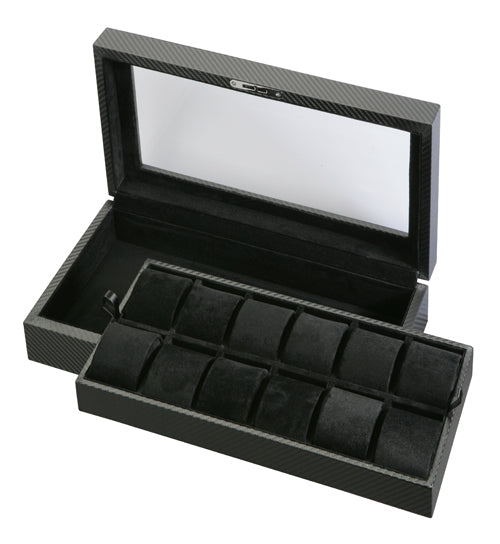 Carbon Fiber Watch Box with Viewing Window and Lock & Key (12 Watches ...