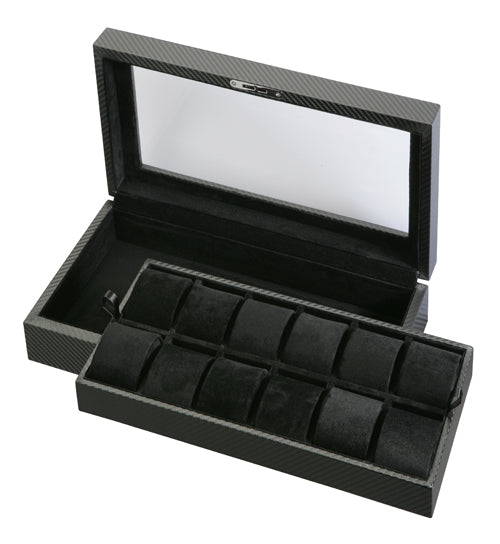 Carbon Fiber Watch Box with Viewing Window and Lock & Key (12 Watches)