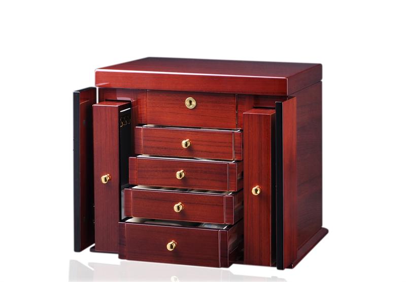 Diplomat Elegant Teak Wood Finish Jewelry Chest with 4 Drawers and 2 Pull Out Chain Racks and Locking Lid