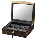 Volta Ebony Wood 8 Watch Case with Gold Accents and See Through Top (Black Leather Interior)