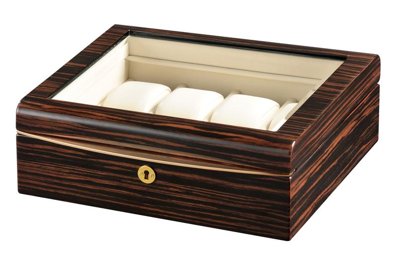 Volta Ebony Wood 8 Watch Case with Gold Accents and See Through Top (Cream Leather Interior)
