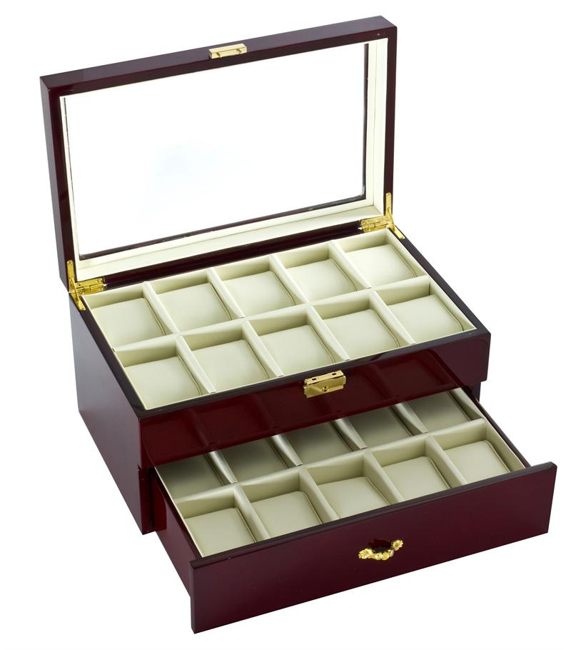 Diplomat Twenty Watch Case With Cream Leatherette Interior and Locking Lid- Cherry