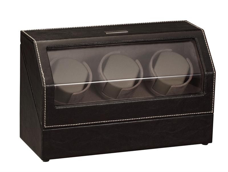 Diplomat Black Leather Triple Watch Winder with Gray Microfiber Suede Interior and Smart Internal Bi-Directional Timer Control