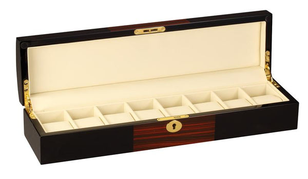 Diplomat Black Wood Finish Eight Watch Storage Case with Teak Wood Finish Accents and Soft Cream Leatherette Interior