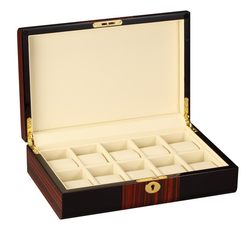 Diplomat Black Wood Finish Ten Watch Storage Case with Teak Wood Finish Accents and Soft Cream Leatherette Interior