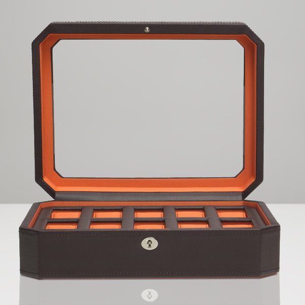 WOLF Windsor 10 Piece Watch Box with Cover Brown Orange Watch