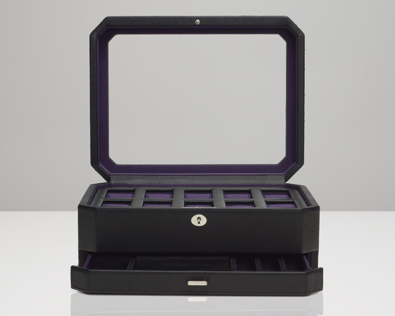 Windsor 10 Piece Watch Box with Drawer (Black/Purple)