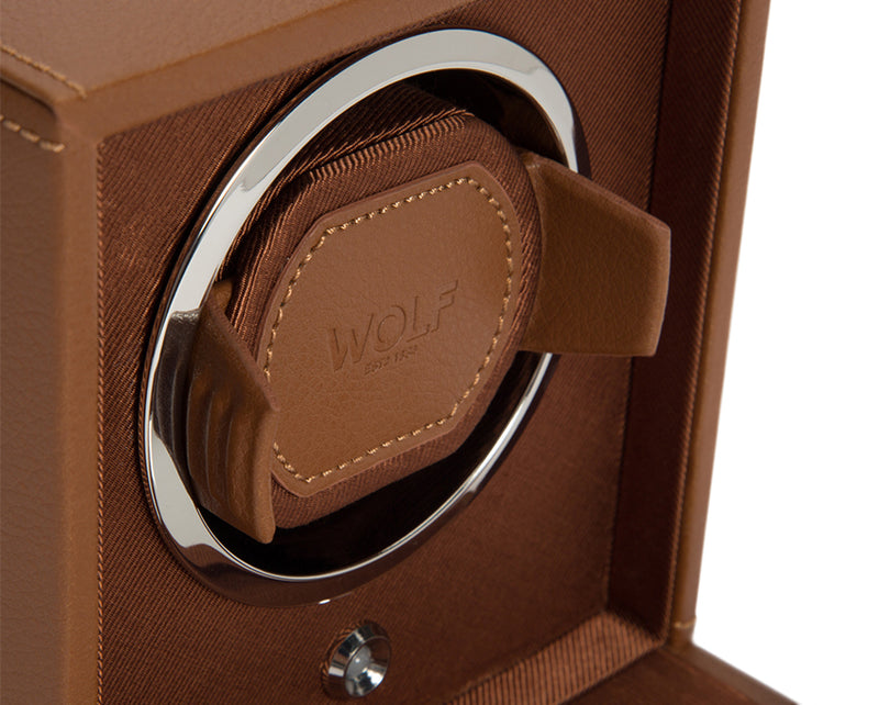 WOLF Single Cub Watch Winder with Cover - Cognac