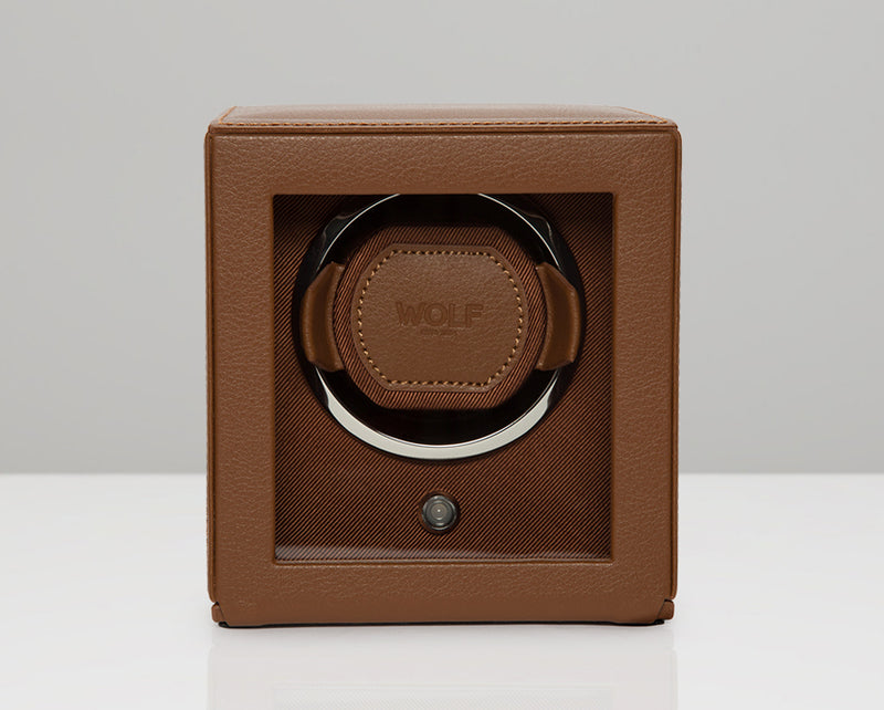 WOLF Single Cub Watch Winder with Cover - Cognac