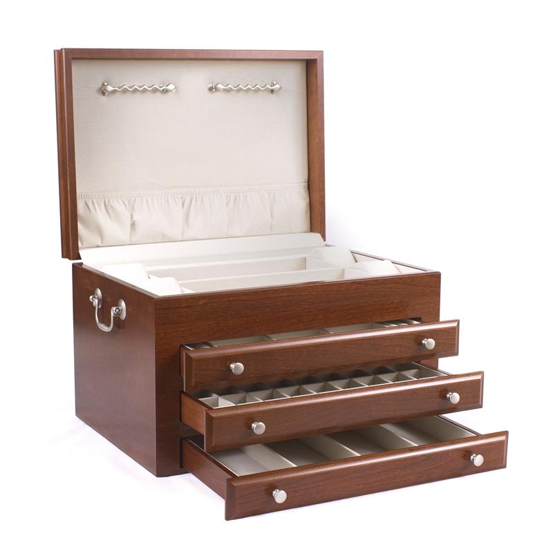 MAJESTIC, Three-Drawer Jewelry Chest made in U.S.A. Heritage Cherry Finish on Solid Cherry Wood