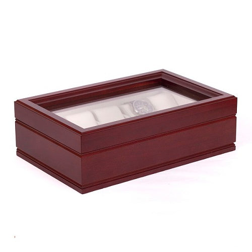 COMMANDER - Ten Watch Glass Top Storage Chest- Mahogany - Solid Cherrywood (Made in USA)