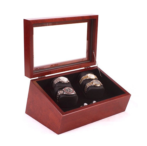 The Commodore; Glass-Topped Solid Cherry Wood Quad Watch Winder (Made in USA)